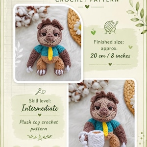 May include: A crochet pattern for "Blitz the Sloth" plush toy. The finished sloth toy is approximately 8 inches (20 cm) tall. The pattern is for intermediate skill level. The image shows the finished toy in two poses.