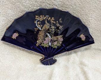 Cobalt Blue Ceramic Asian Fan Trinket Dish.