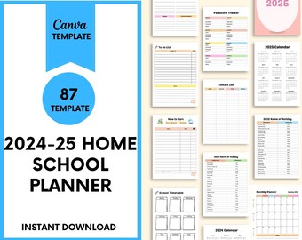 Puede incluir: Un planificador digital para la educación en el hogar con 87 plantillas. El planificador incluye páginas para objetivos de educación en el hogar, listas de tareas, rastreadores de contraseñas, listas de contactos, tiempo de pantalla, horarios escolares, planificadores mensuales y calendarios para 2024 y 2025.