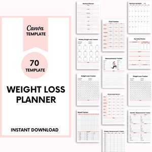 May include: A set of 70 printable weight loss planner templates in black and white with pink accents. The templates include trackers for weight, food, mood, measurements, workouts, and meal planning.