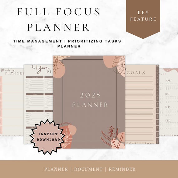 Digital Full Focus Planner Bundle, Printable Weekly Review, Daily And Monthly Organization Set, Detailed Schedule And task Management