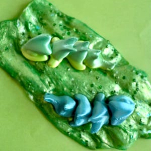 Könnte beinhalten: Nahaufnahme einer grünen, glitzernden, schleimartigen Substanz mit zwei Reihen abstrakter, 3D-gedruckter Formen. Die obere Reihe zeigt Formen in Grün- und Gelbtönen, während die untere Reihe blaue Formen aufweist. Der Hintergrund ist einfarbig grün.