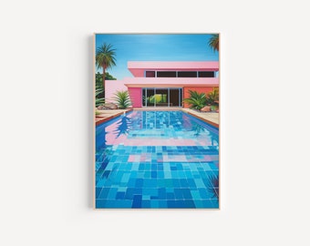 Miami beach pool house digital download print, pink art deco home decor wall art, vintage Miami poolside summer holiday instant download.