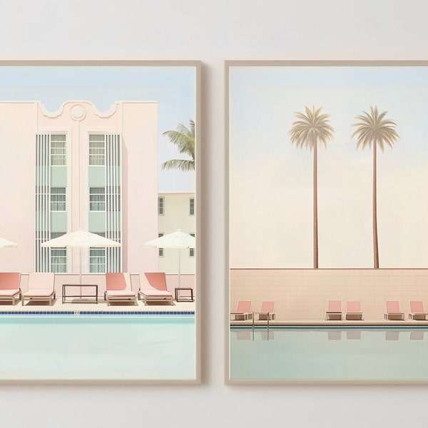 Vintage Art-Deco inspired Miami poolside digital prints, retro Miami wall art for home or work, Travel memories of Miami Florida.