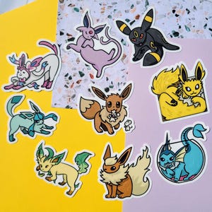Eeveelution Stickers,  Espeon, Umbreon Jolteon, Vaporeon, Flareon, Leafeon, Glaceon, Sylveon, Eevee