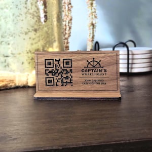 Wood QR Code Sign Stand | Tabletop QR Code Display | Menu Qr Code Sign | Custom Business Logo QR Code Signs | Wedding Table Sign Qr