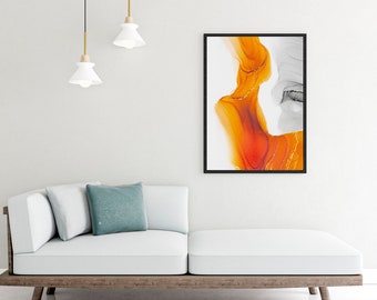 Art mural en toile abstraite | « Résumé des falaises ensoleillées » Imprimer | Peinture abstraite moderne | Très grande illustration orange, blanche et grise