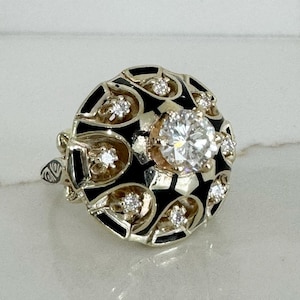 Vintage 14K YG 1.0cttw. Diamond and Black Enamel Dome Ring