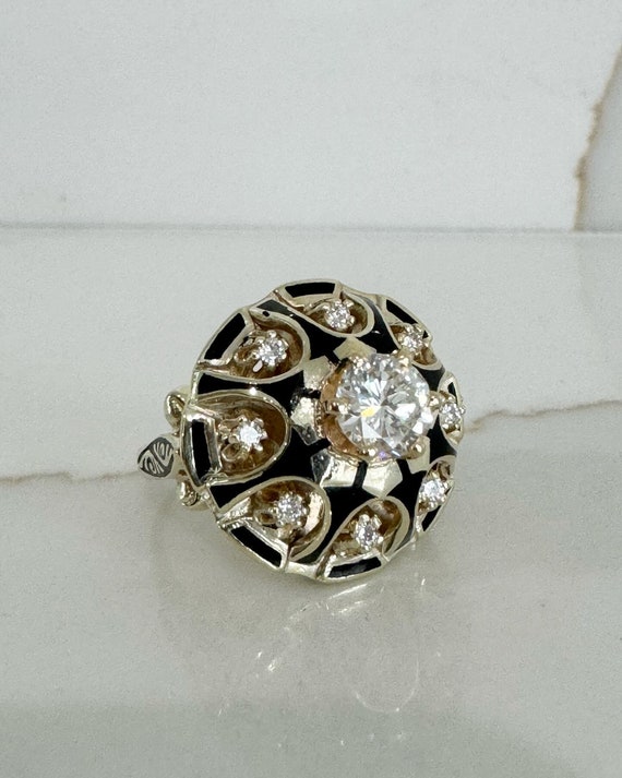 Vintage 14K YG 1.0cttw. Diamond and Black Enamel … - image 1