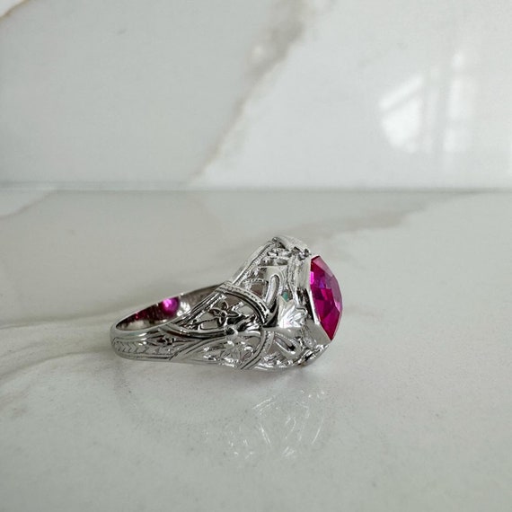 14K White Gold Art Deco Synthetic Ruby Ring - image 2