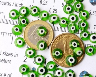 Green Evil Eye Glass Beads, 8mm Flat Round Nazar Protection Charms