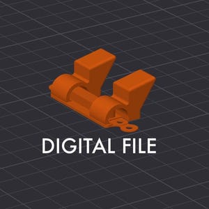 Puede incluir: Objeto de color naranja impreso en 3D con dos brazos y un pequeño agujero en el centro. El objeto está diseñado para sujetar dos objetos, como un teléfono o una tableta.