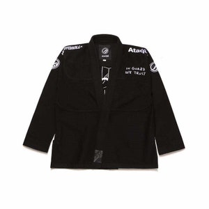 May include: Black Jiu-Jitsu Gi with white lettering that reads "Ataque" and "In Guard We Trust".
