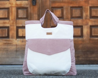 Handmade Organic Canvas Tote Bag: Pink & White Shopper