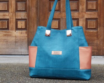 Handmade Teal Snakeprint Vinyl Tote Bag: Copper Shoulder Bag