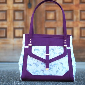 NUEVO / Hecho a mano en Canadá / Bolso de mano, bolso de negocios, bolso de hombro floral único, gris y morado, regalo