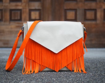 Handmade Beige Vinyl Handbag: Orange Suede Fringe Messenger Bag