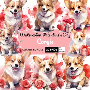 San Valentino Corgi PNG Grafica Clipart San Valentino stampabile ClipArt di cane corgi dell'acquerello 20 PNG Sfondo trasparente Uso commerciale