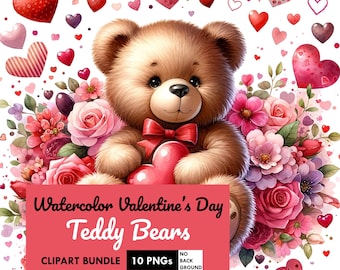 Watercolor Velntine&#39;s Day Teddy Bear Clipart 10 PNG Valentines Day Clipart Valentines Teddy Bear Clipart Love Bears PNG Commercial Use