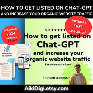 Puede incluir: Una portada de producto digital con fondo verde y azul. La portada presenta un título que dice "Cómo aparecer en Chat-GPT y aumentar el tráfico orgánico de tu sitio web". La portada también incluye una calificación de 5 estrellas, un círculo rojo con el texto "¡incluye lista de verificación GRATIS!" y una foto de una persona sonriendo.