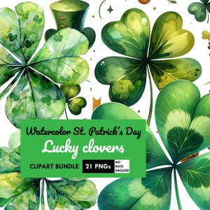 Op de afbeelding: Waterverf clipartbundel met 21 groene klavertjes, perfect voor St. Patrick's Day knutselwerk en projecten. Zonder achtergrond.