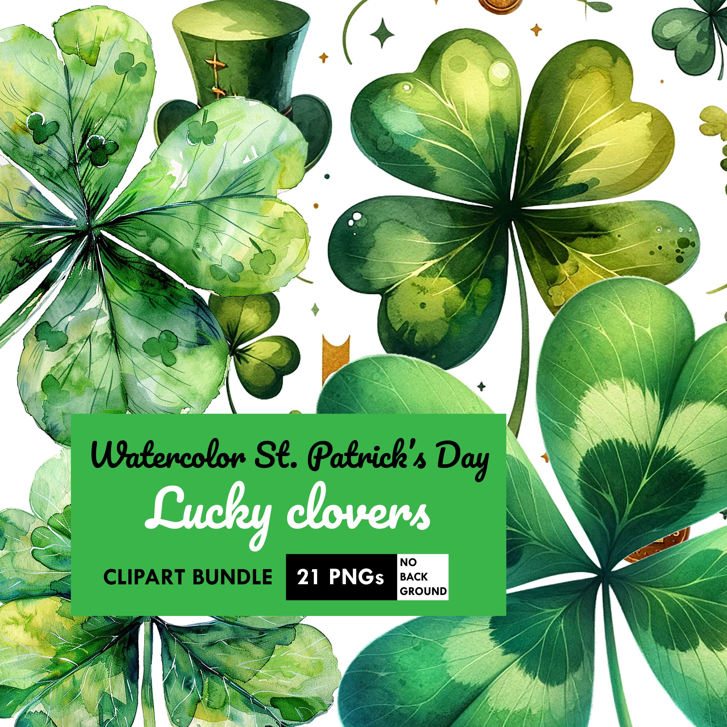 St. Patrick's Day PNG Bundle Saint Patricks Day Clovers Lucky PNG Four Leaf Clover Shamrock No background, 300 DPI Commercial Use Floral png
