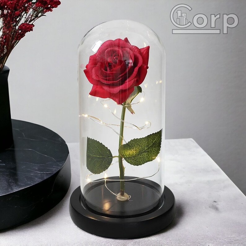 Composition florale enchantée, rose de la Belle et la Bête Symbole de l'amour pour toujours Rose artisanale de luxe Fleur éternelle unique, décoration en dôme de verre Rouge