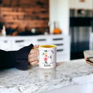 White ceramic mug with floral pattern and custom name inscription, ideal for gifting on occasions like Mother's Day or birthdays