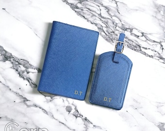 Personalized Passport Cover and Luggage Tag Set - Fashionable Saffiano Leather Travel Accessories with Customized Name Initials