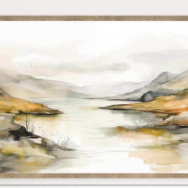 Foggy Watercolor Lake - Tranquil Lake Print - Winding River Art