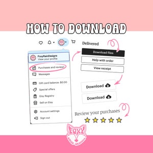 May include: A step-by-step guide on how to download files from Etsy. The image shows a screenshot of the Etsy website with arrows pointing to the "Purchases and reviews" section, then to the "Download files" button.