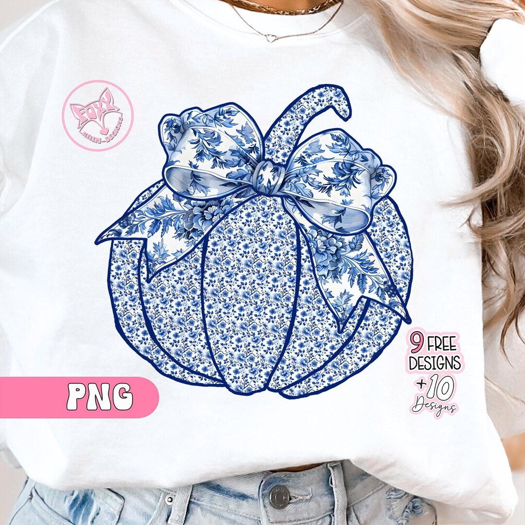 Blue Toile Fall Coquette Bow PNG, Blue and White Autumn Pumpkin Png ...