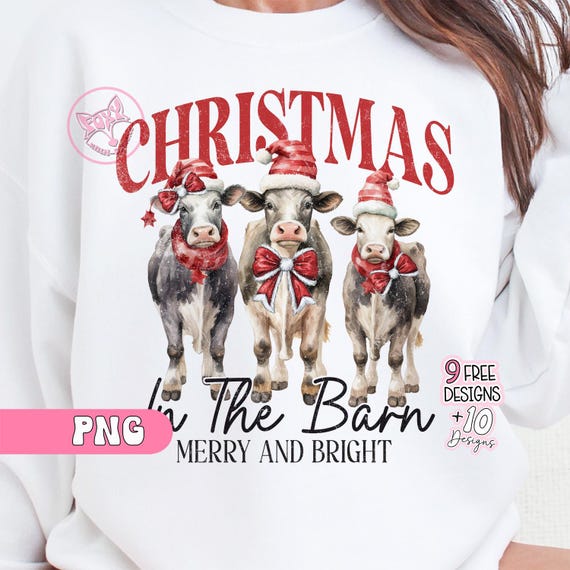 Christmas In The Barn Coquette Cow Png, Western Country Christmas Png, Merry Christmas Png, Coquette Bow Png, Aesthetic Christmas Png