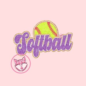 May include: Purple glitter softball graphic with gold glitter outline and a yellow softball with red stitching. The graphic includes the text "Softball" and a pink fox logo with the text "Foxy Rain Designs".