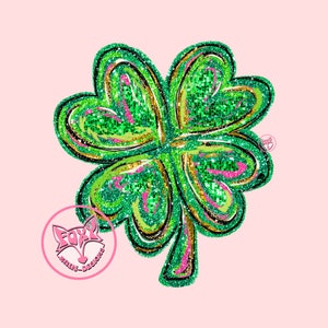 Peut inclure: Un tr&egrave;fle &agrave; quatre feuilles vert avec des accents de paillettes dor&eacute;es. Le tr&egrave;fle est dessin&eacute; de mani&egrave;re stylis&eacute;e et fantaisiste.