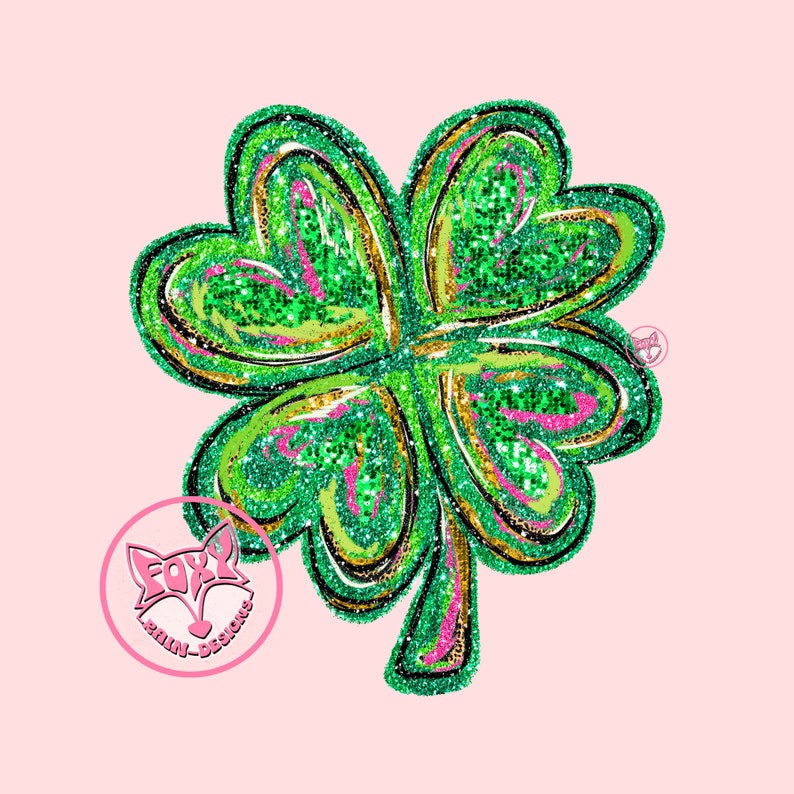 Peut inclure: Un tr&egrave;fle &agrave; quatre feuilles vert avec des accents de paillettes dor&eacute;es. Le tr&egrave;fle est dessin&eacute; de mani&egrave;re stylis&eacute;e et fantaisiste.