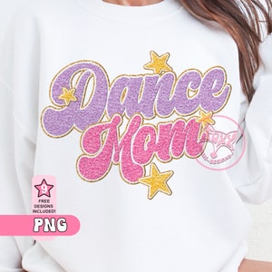 Könnte beinhalten: Lila und rosa Glitzer-Text "Dance Mom" mit goldenen Glitzersternen auf weißem Hintergrund. 9 kostenlose Designs enthalten. PNG.