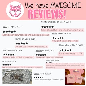 May include: Pink and white graphic with the text "We have AWESOME REVIEWS!" and customer reviews. The reviews include star ratings and comments about the product quality and design.