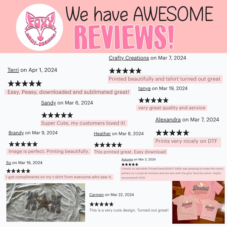 May include: Pink and white graphic with the text "We have AWESOME REVIEWS!" and customer reviews. The reviews include star ratings and comments about the product quality and design.