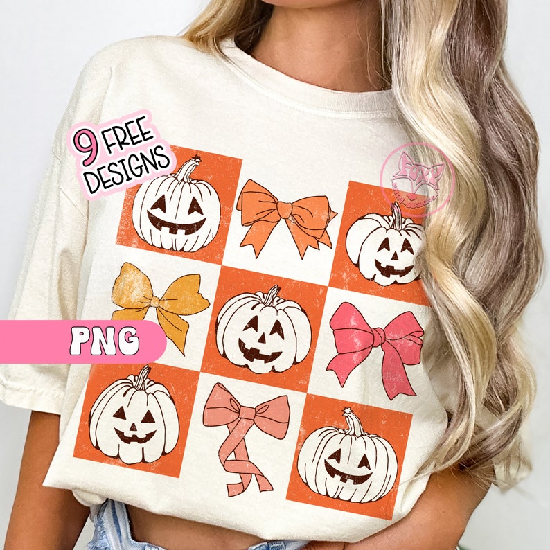 May include: Cream-colored t-shirt featuring a grid pattern with orange squares. The squares display jack-o'-lanterns and bows in shades of orange and pink. Text on the shirt reads "9 FREE DESIGNS" and "PNG".
