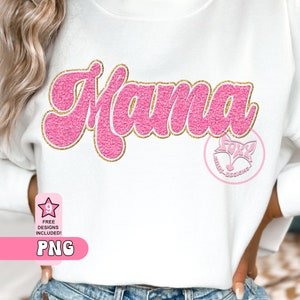 May include: A white sweatshirt with a pink and gold glitter "Mama" design. The design is in a retro font style. The sweatshirt is being worn by a person.