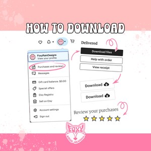 Peut inclure: Une illustration rose et blanche montrant comment t&eacute;l&eacute;charger des fichiers num&eacute;riques depuis Etsy. L'illustration montre un &eacute;cran d'ordinateur avec un menu qui comprend des options telles que "Achats et &eacute;valuations", "Messages", "Solde de la carte-cadeau", "Offres sp&eacute;ciales", "Registre Etsy", "Vendre sur Etsy", "Param&egrave;tres du compte" et "Se d&eacute;connecter". L'illustration montre &eacute;galement un bouton qui dit "T&eacute;l&eacute;charger les fichiers" et un autre bouton qui dit "&Eacute;valuer vos achats".