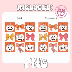 May include: A digital design featuring a grid of Halloween-themed graphics. The design includes jack-o'-lanterns and bows in various colors, with the text "INCLUDED:" and "PNG" in a playful font. The graphics are presented in both solid and distressed styles.