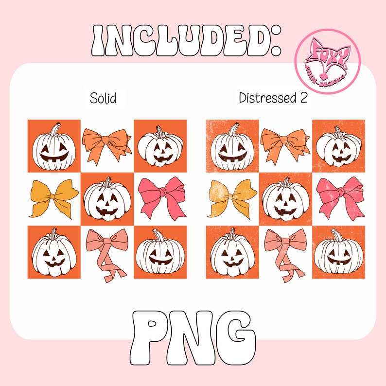 May include: A digital design featuring a grid of Halloween-themed graphics. The design includes jack-o'-lanterns and bows in various colors, with the text "INCLUDED:" and "PNG" in a playful font. The graphics are presented in both solid and distressed styles.