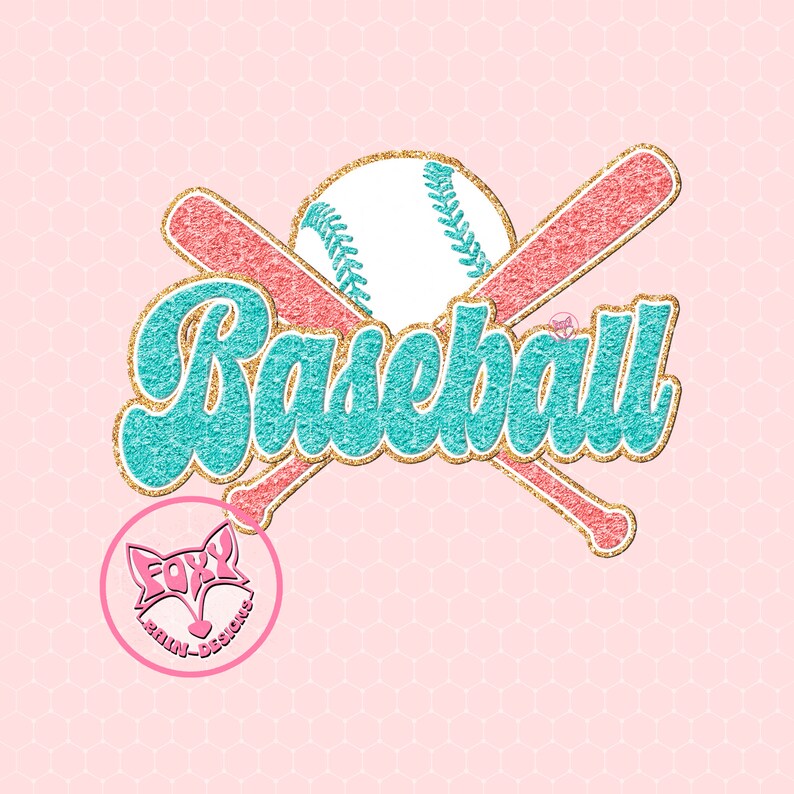 May include: A teal blue and gold glitter baseball graphic with the word "Baseball" in a stylized font. Two pink baseball bats are crossed behind the ball. A small pink fox logo is in the lower left corner.