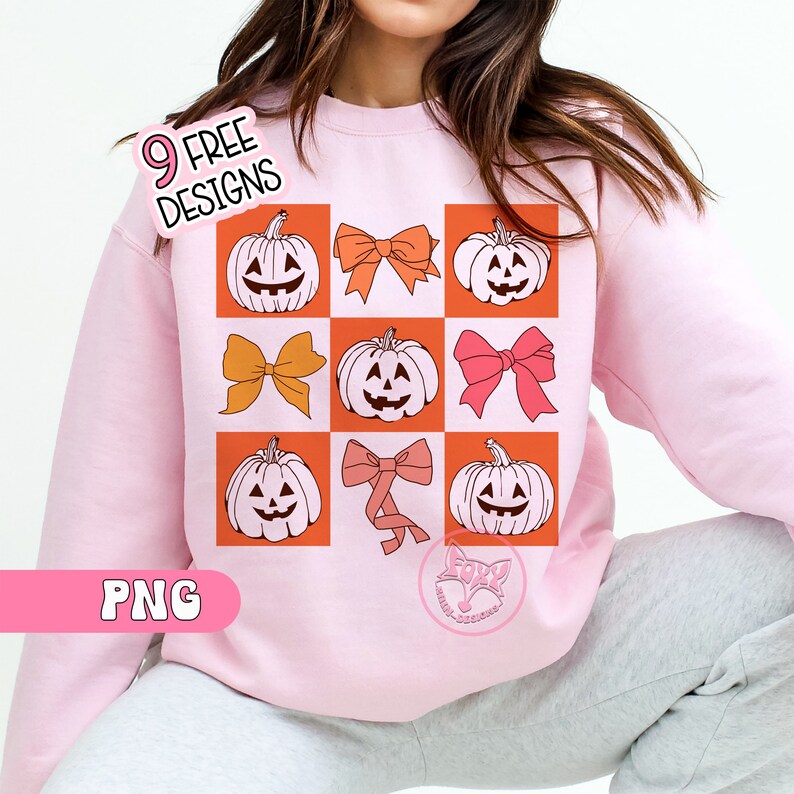 May include: A light pink sweatshirt featuring a grid pattern of orange squares with jack-o'-lanterns and bows. The text "9 FREE DESIGNS" is in a pink sticker. The word "PNG" is in a pink rectangle.