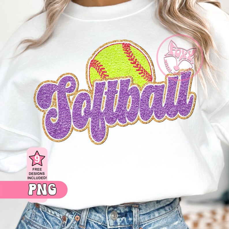 May include: Purple and gold glitter softball design with the word "Softball" in a purple script font. The design includes a yellow softball with red stitching.