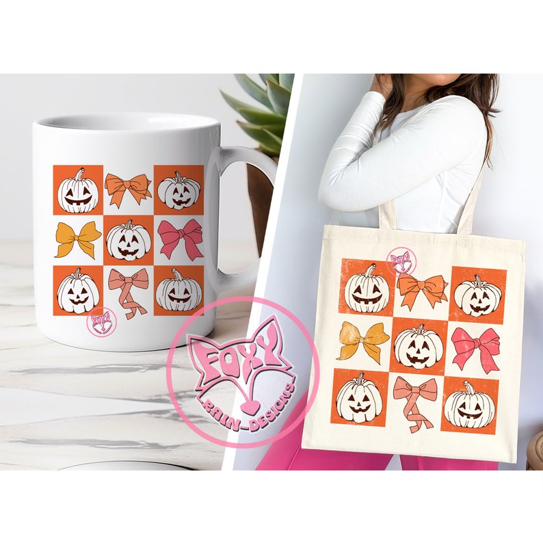 May include: A white ceramic mug and a canvas tote bag featuring a repeating pattern of orange squares with jack-o'-lanterns and bows in various colors. The mug has a pink logo. The tote bag is held by a person.