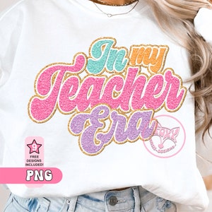 May include: A white t-shirt with a glittery pink, purple and gold graphic that says "In my Teacher Era".