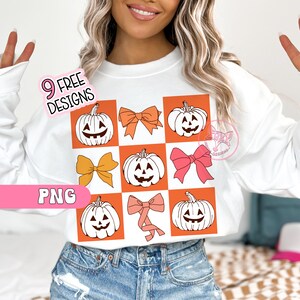 May include: White sweatshirt featuring a grid design with orange squares. The squares contain illustrations of jack-o'-lanterns and bows in various colors. The text "9 FREE DESIGNS" and "PNG" are also visible.